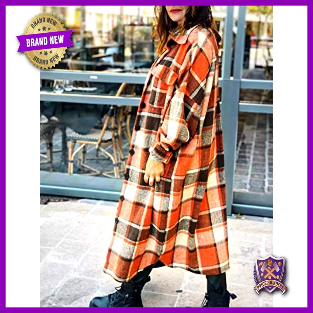 Oversized Flannel Trench Coat Classic Plaid Shacket Button Down Long - Picture 6 of 7